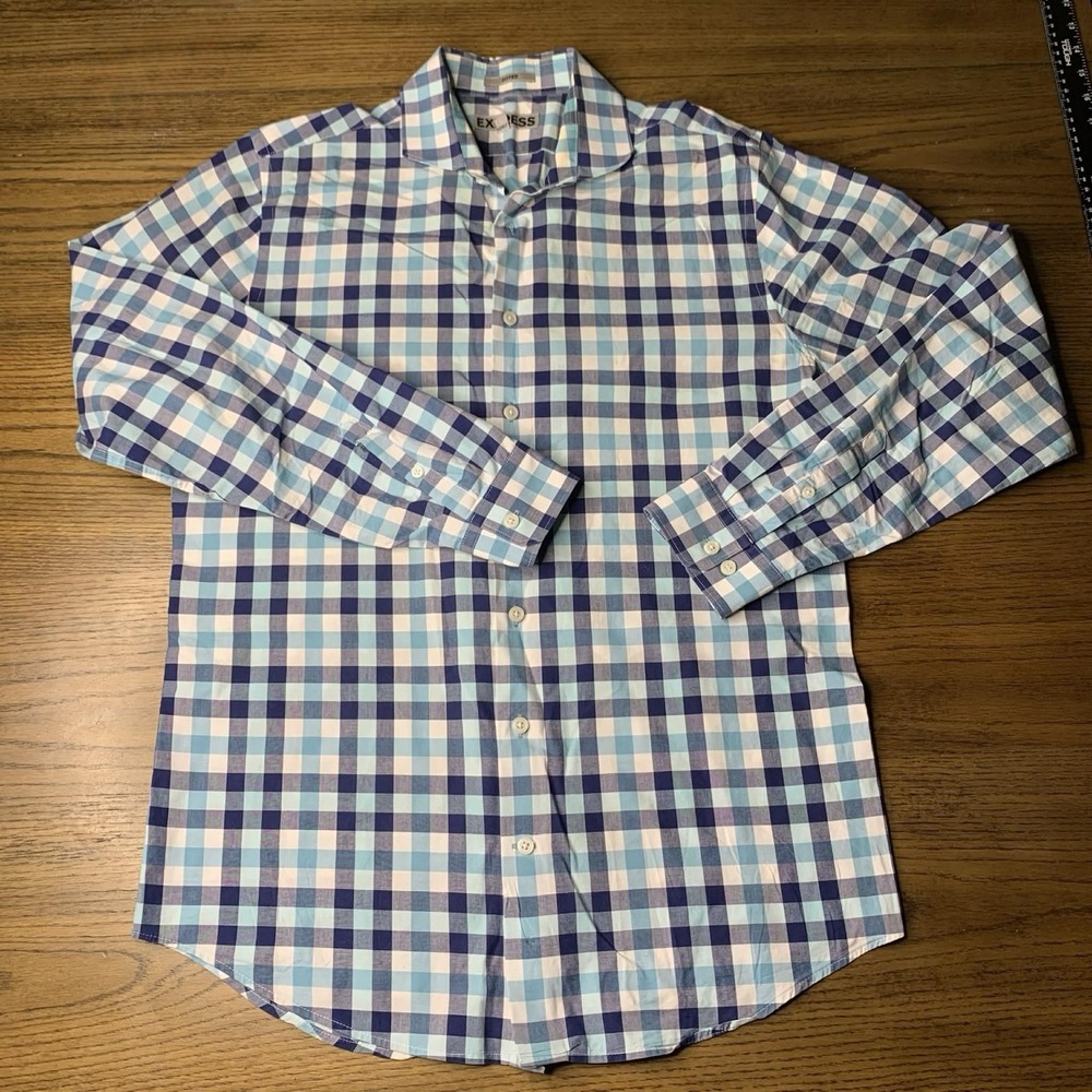 Express Fitted Blue Plaid Button Down Shirt Size M